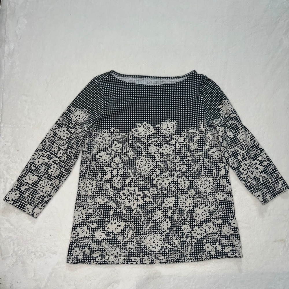 Lands End Womens Blue White Gingham Floral Cotton 3/4 Sleeve Top M Cottagecore